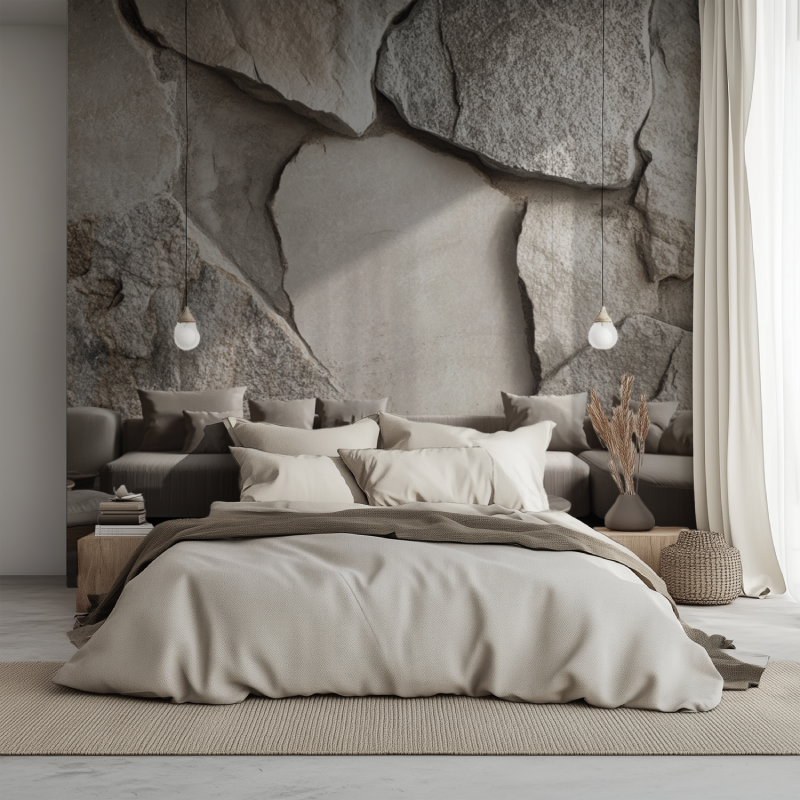 Papier peint trompe loeil pierre lit 1234