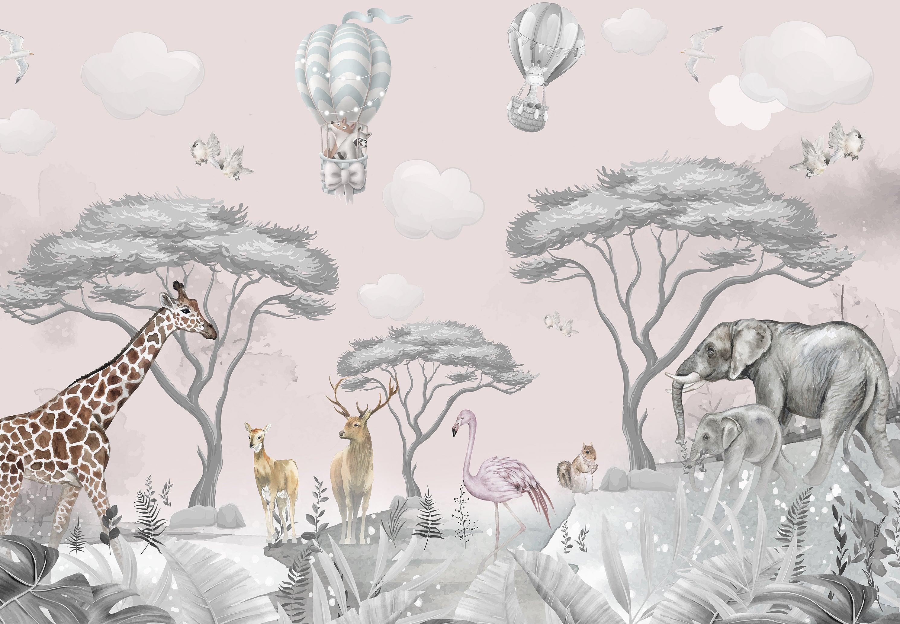Papier peint bébé safari rose