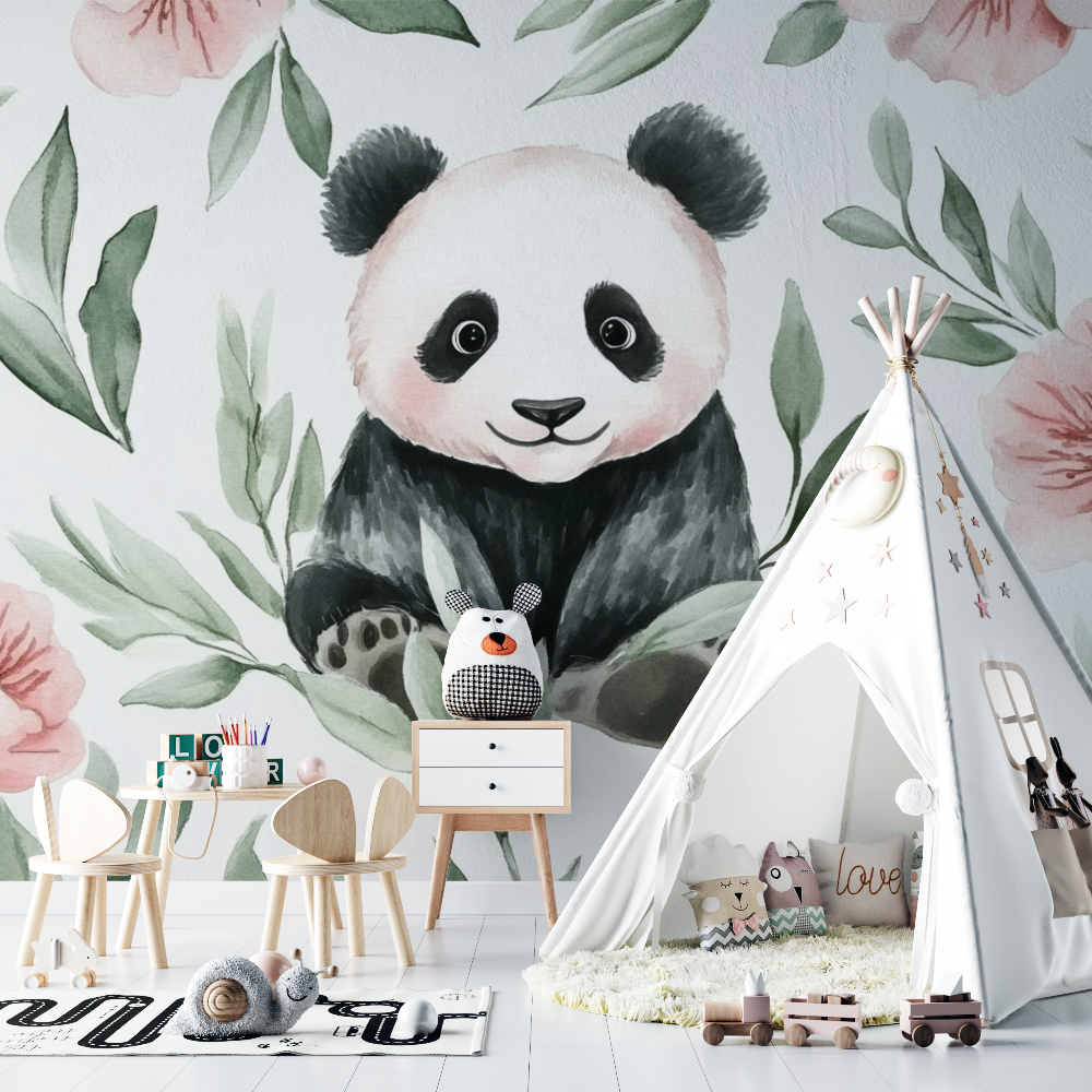 Papier peint panda et feuillage aquarelle chambre bebe