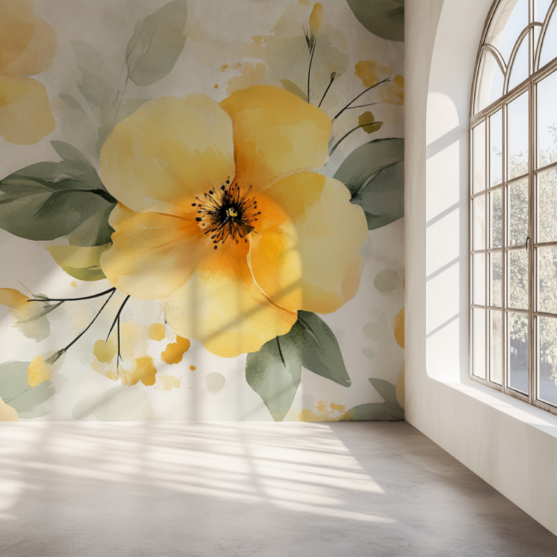 Papier peint fleur jaunes mur simple