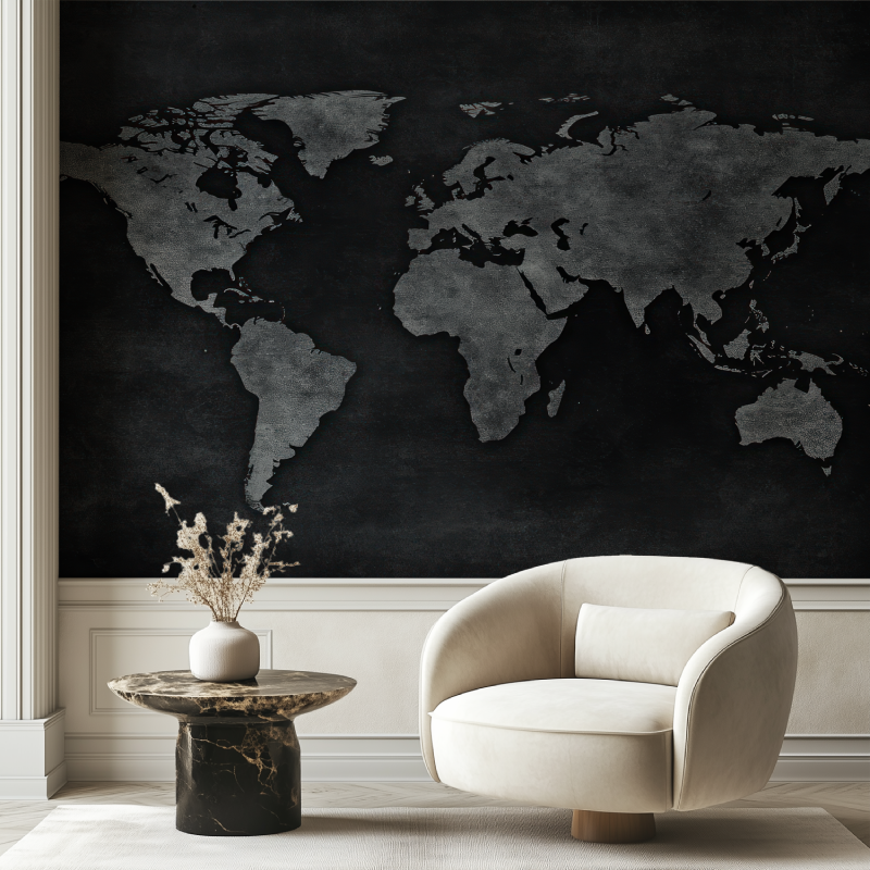 Papier peint carte du monde gris anthracite chaise tendance