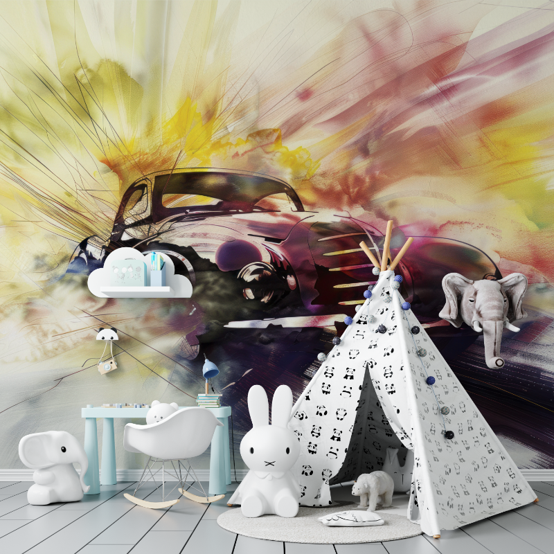 Papier peint voiture vintage aquarelle tapisserie murs