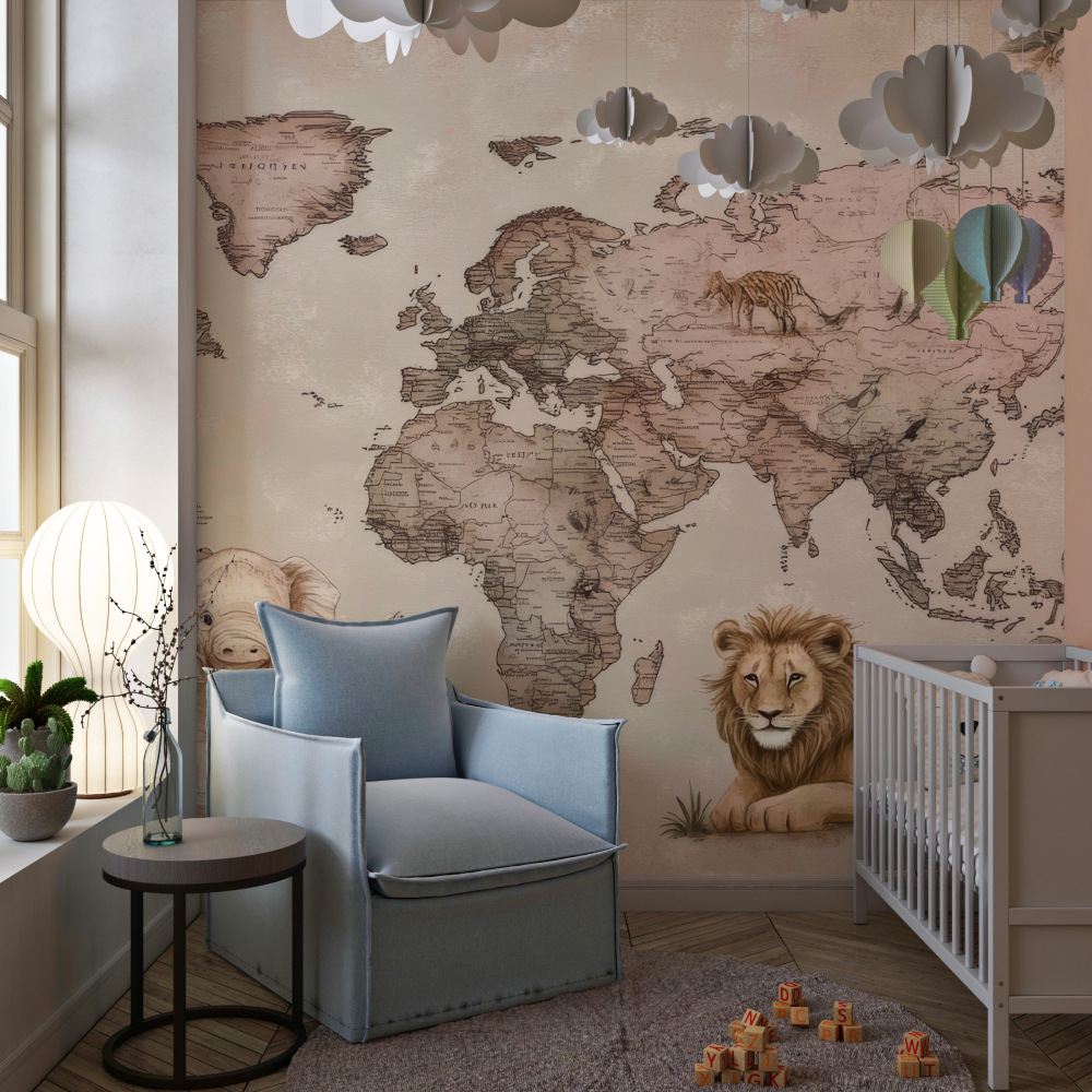 Papier peint carte du monde animaux rose chambre de fille