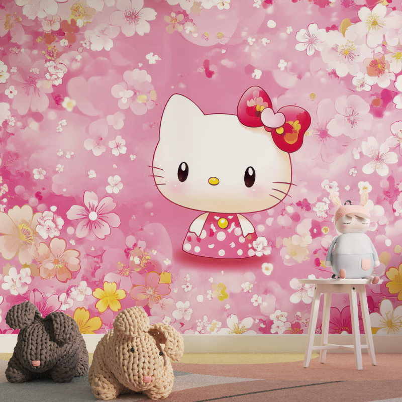 Papier peint hello kitty fleurs rose tapisserie pour fille