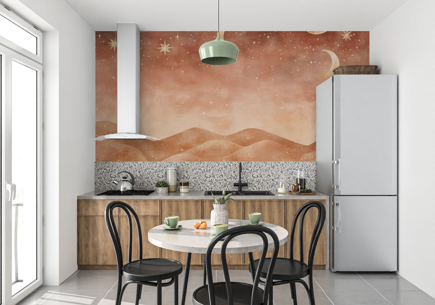Papier peint terracotta lunes et etoiles mur cuisine