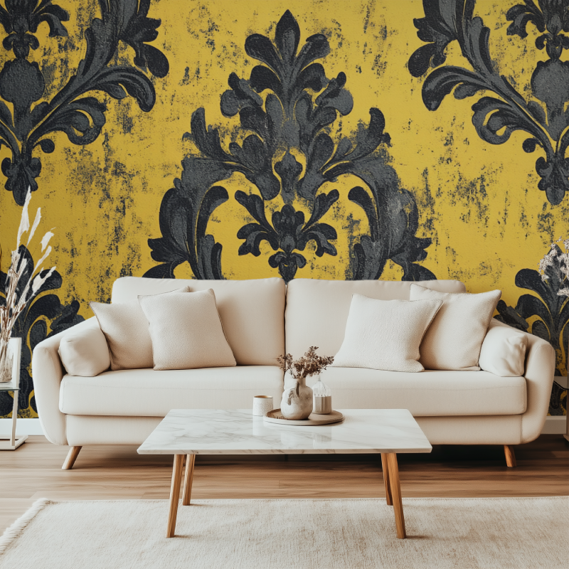 Papier peint vintage jaune et noir canape simple