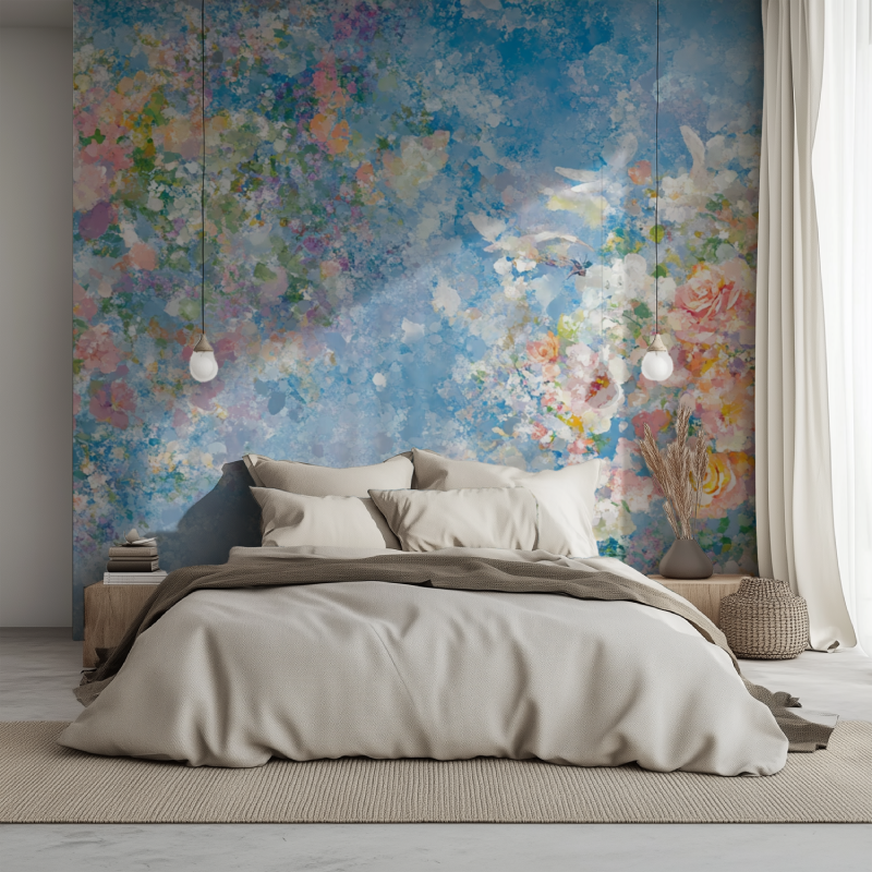 Papier peint fleur et oiseua lit 1234