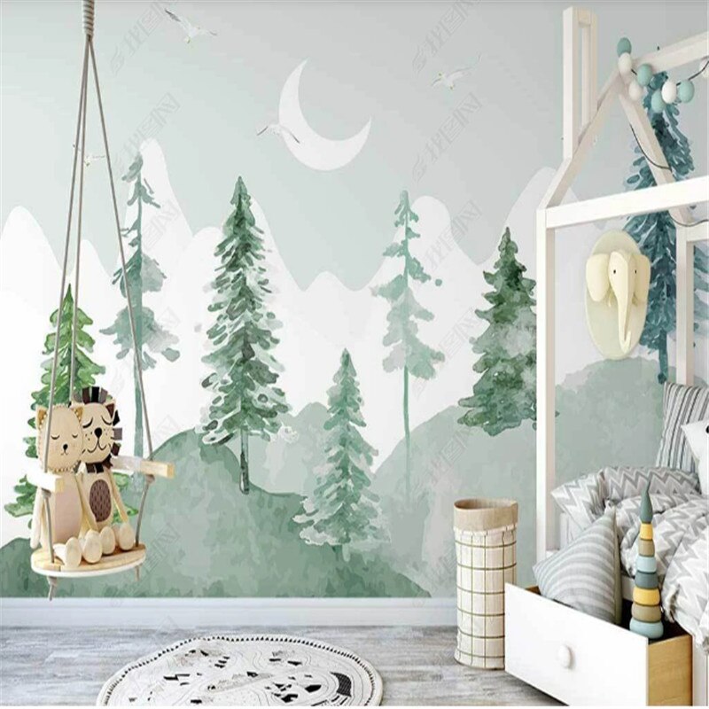 Carta da parati classica per bambini <br/> Acquerello foresta verde
