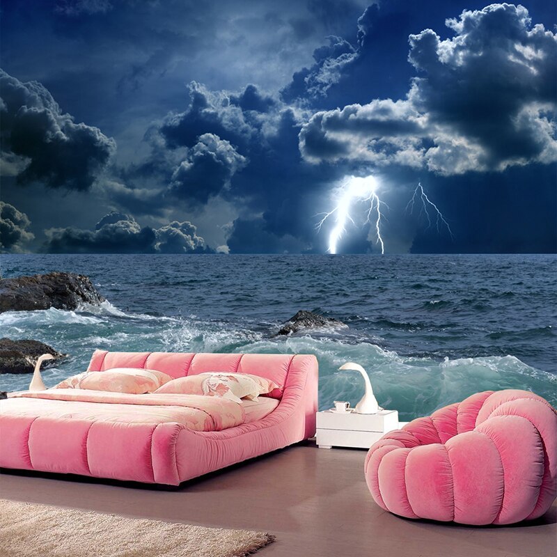 Custom Photo Wallpaper 3D Ocean Waves Lightning Dark Cloud