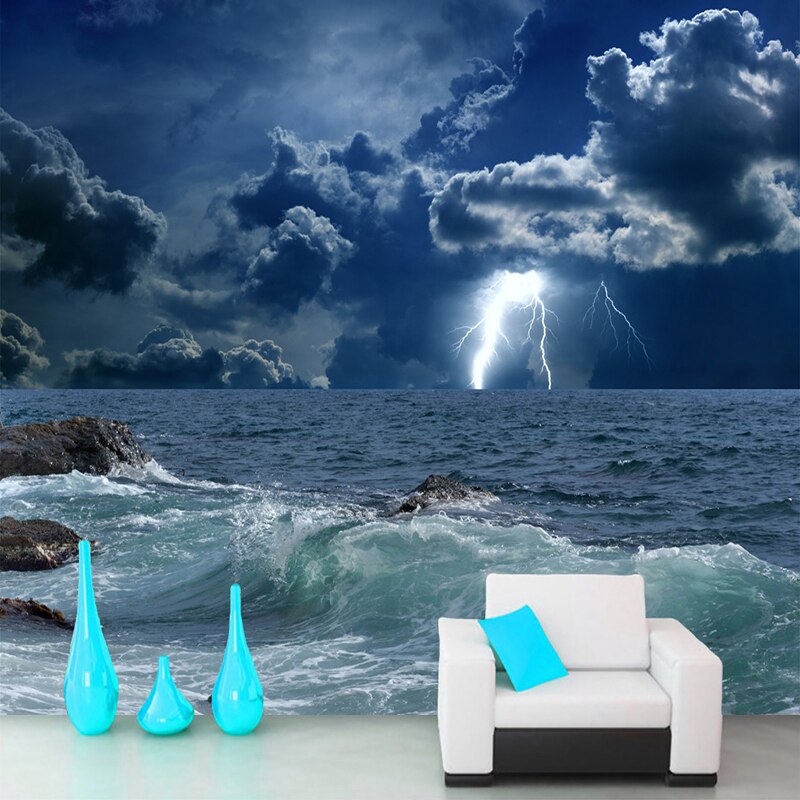 Custom Photo Wallpaper 3D Ocean Waves Lightning Dark Cloud