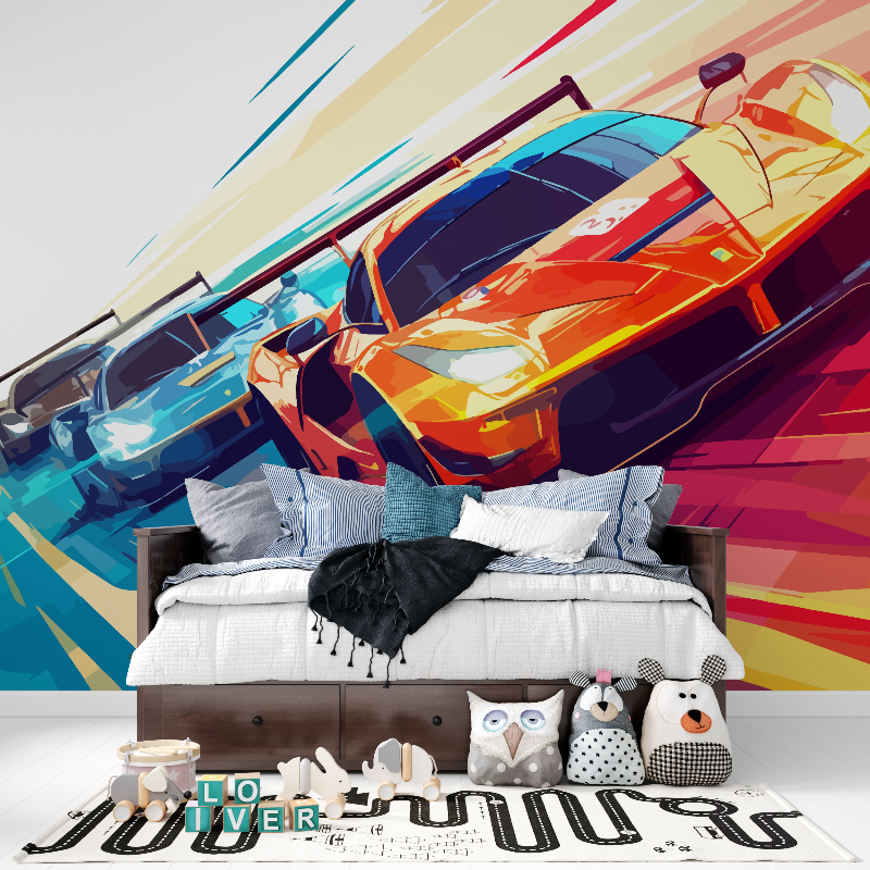 Papier peint avec voiture de course panoramique garcon
