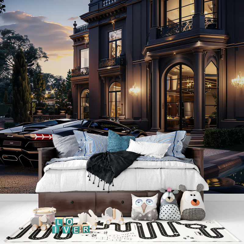 Papier peint voiture de luxe et villa tapisserie pour ado
