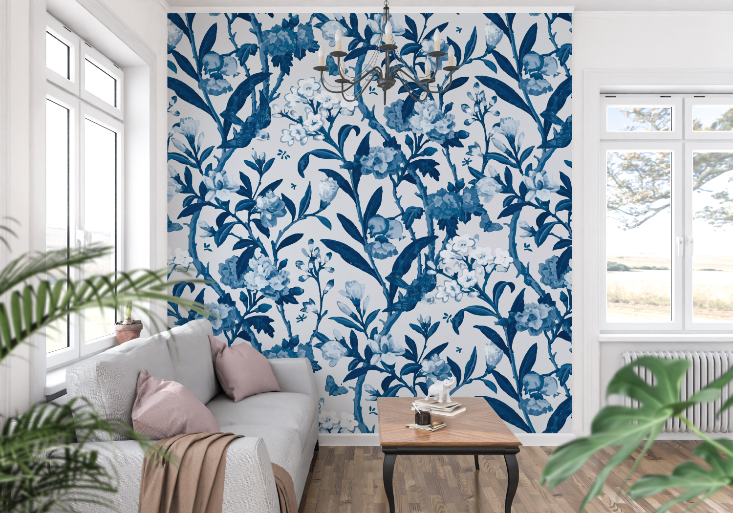 Papier Peint Toile De Jouy Fleurs Bleu - trompe l'oeil
