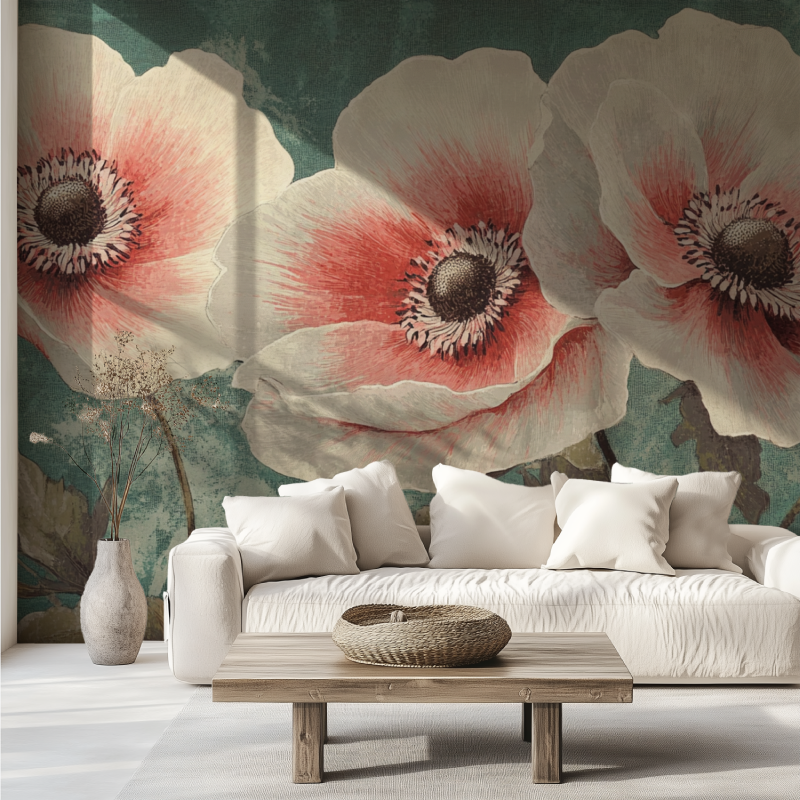 Papier peint vintage grosse fleurs canape tendance