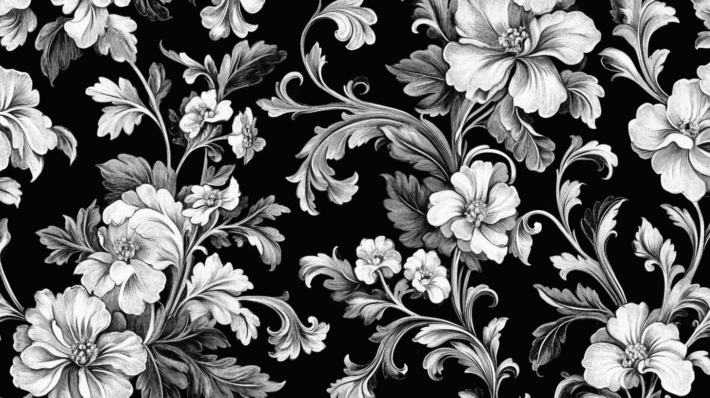 Papier Peint Fleur Vintage Noir Blanc Gris