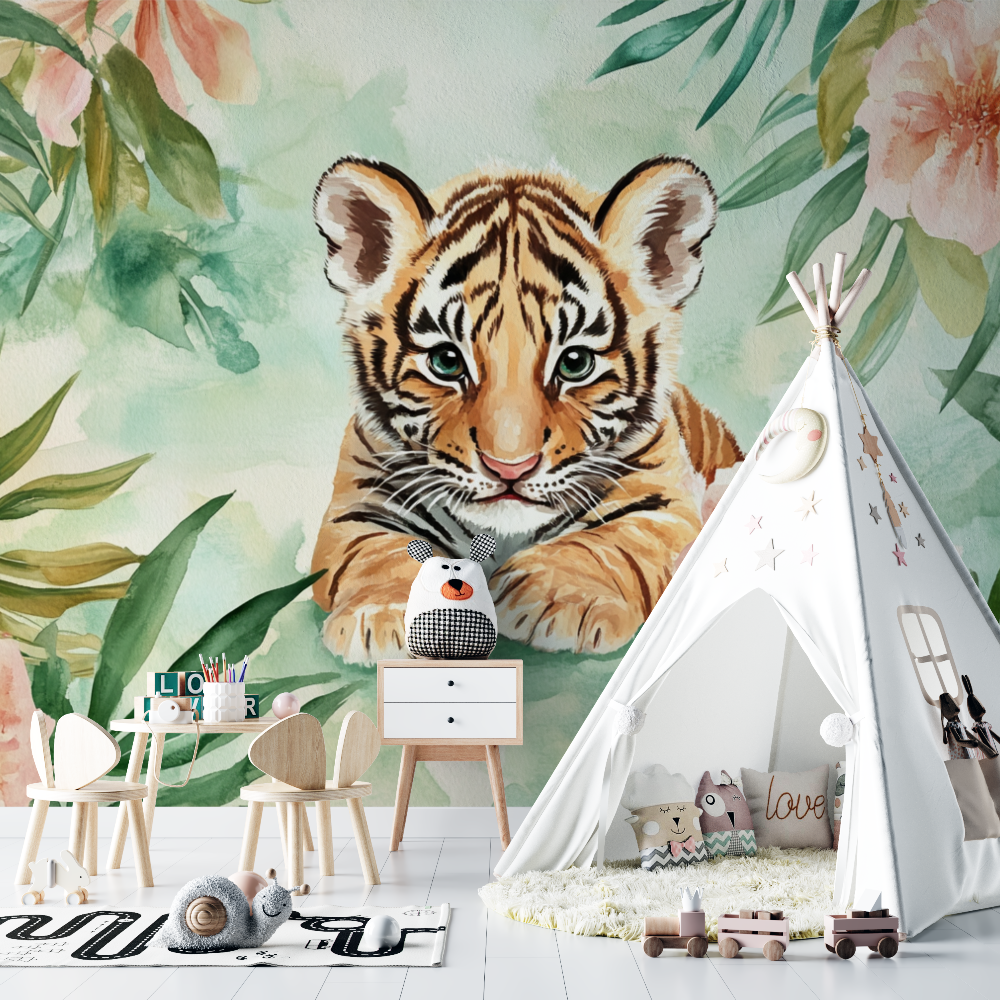 Papier peint tigre et feuillage aquarelle chambre bebe