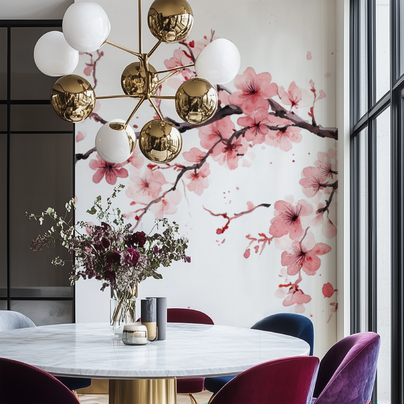 Papier peint fleur de cerisier salon chaise