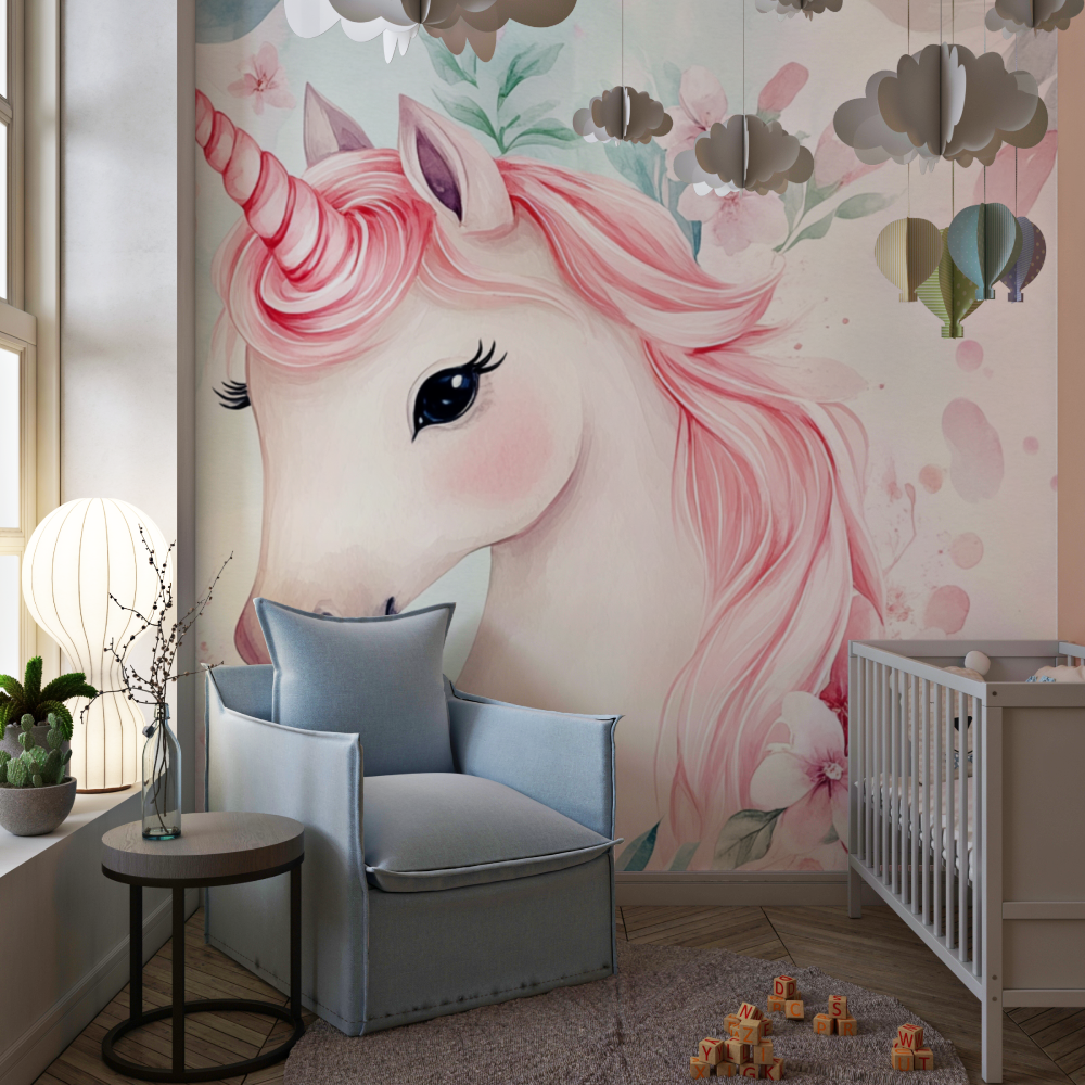 Papier peint licorne pas cher fleuri chambre de fille