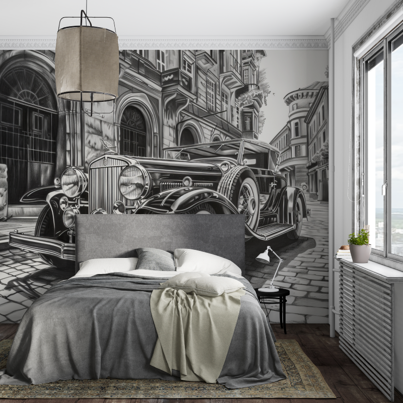 Papier peint noir et blanc voiture dessin piece ados