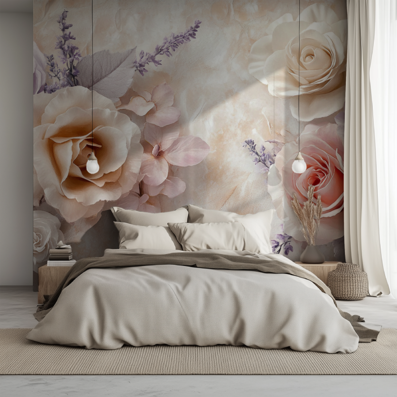 Papier peint fleur dessin lit 1234