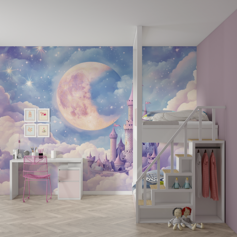 Papier peint panoramique lune mur chambre fille