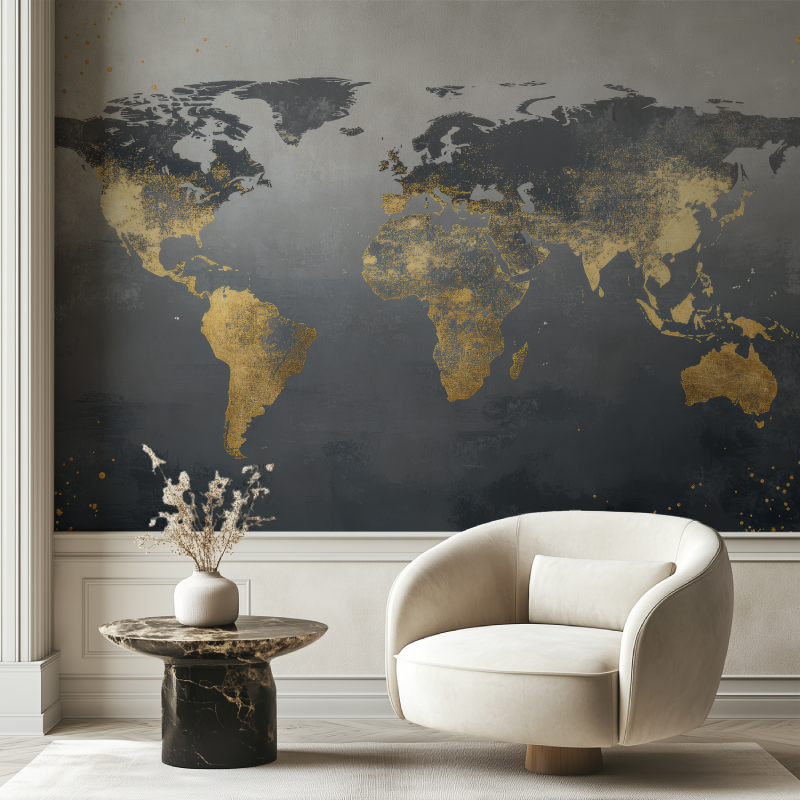Papier peint carte du monde doree chaise tendance
