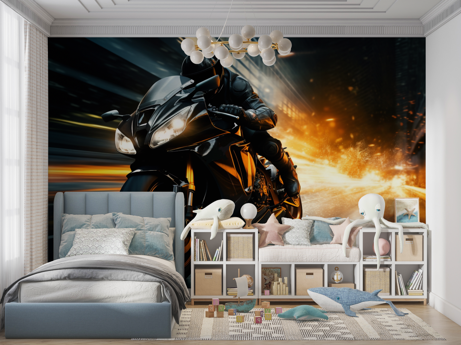 Papier peint moto de course nuit panoramique garcon