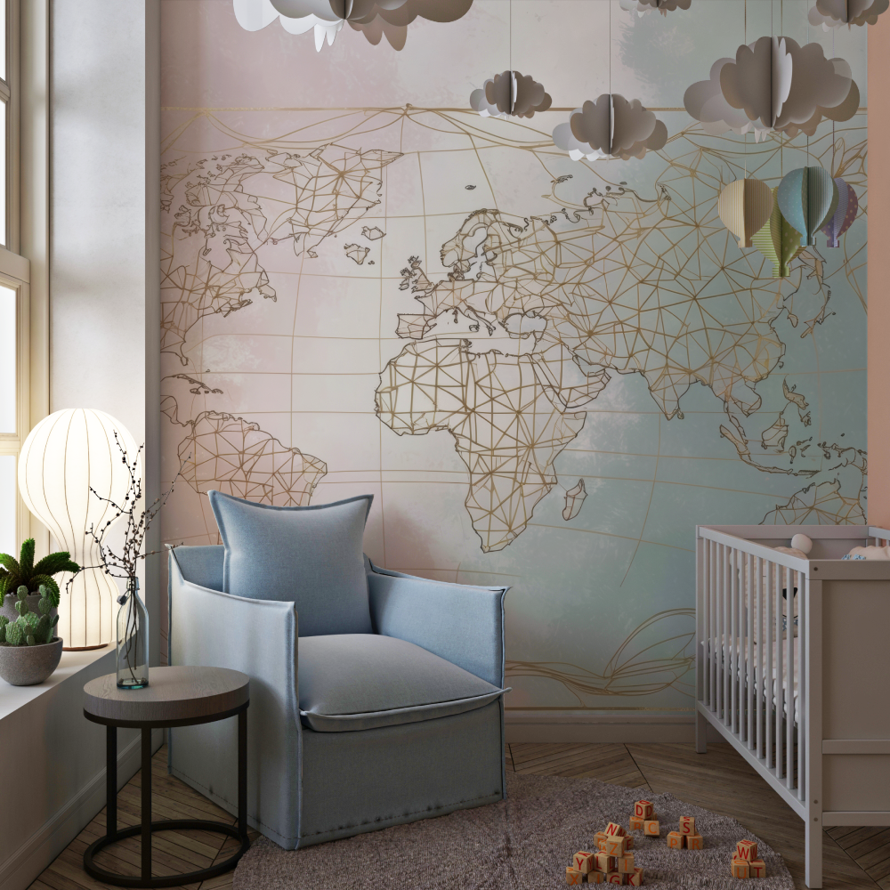 Papier peint carte du monde geo...ique rose chambre de fille