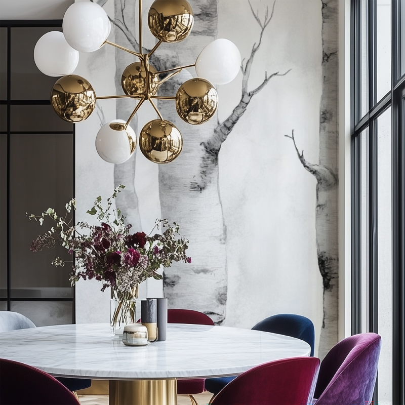 Papier peint arbre bouleau salon chaise