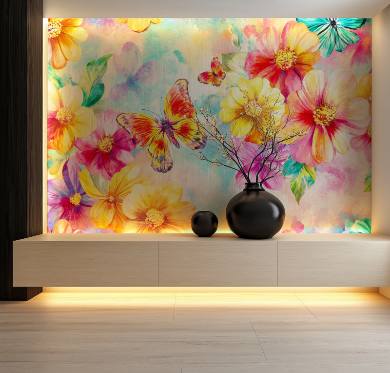 Papier peint fleur et oiseau tropical salon neon