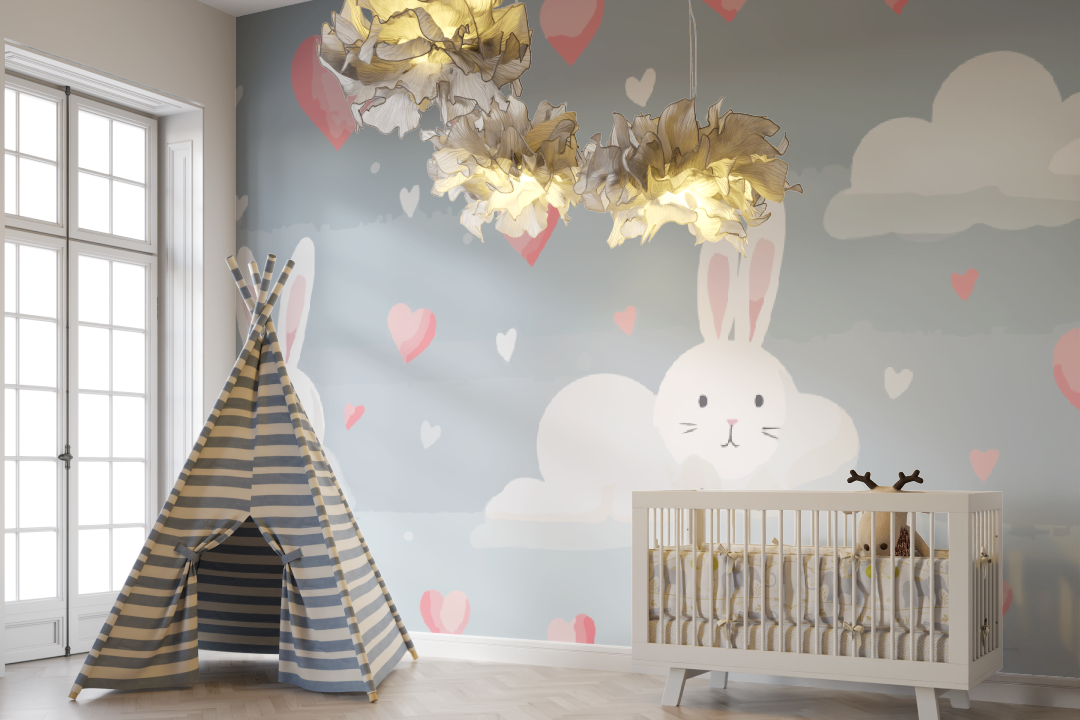 Papier peint bébé Lapins et cœurs - bebe unisexe