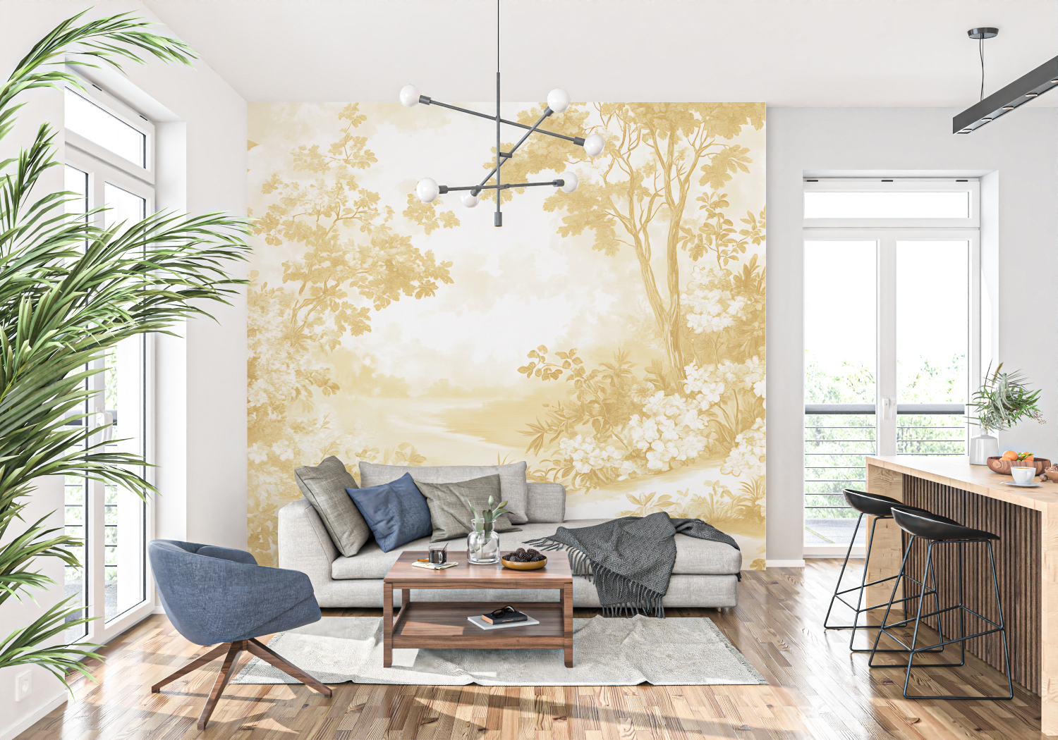 Papier Peint Toile De Jouy Jaune - panoramique tendance