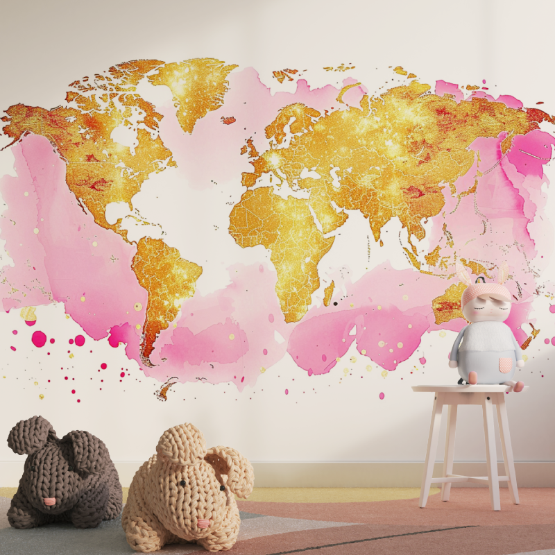 Papier peint carte du monde rose gold tapisserie pour fille