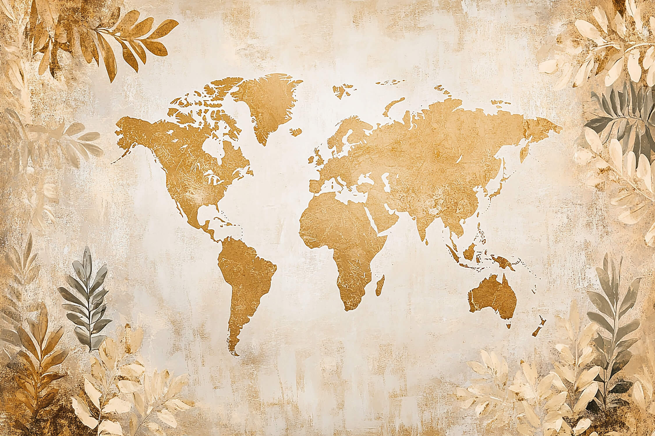 Papier Peint Carte Du Monde Doré Feuillage