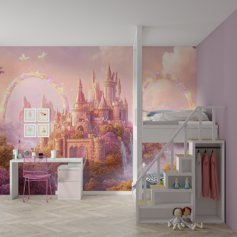 Papier peint chateau arc en ciel mur chambre fille