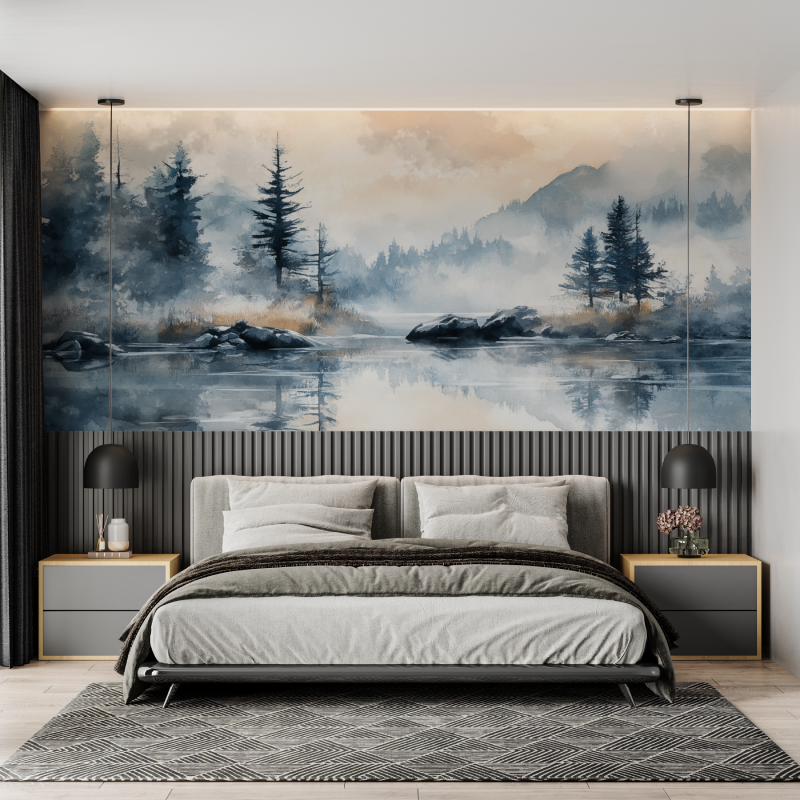 Papier peint aquarelle paysage hivernal mural adulte