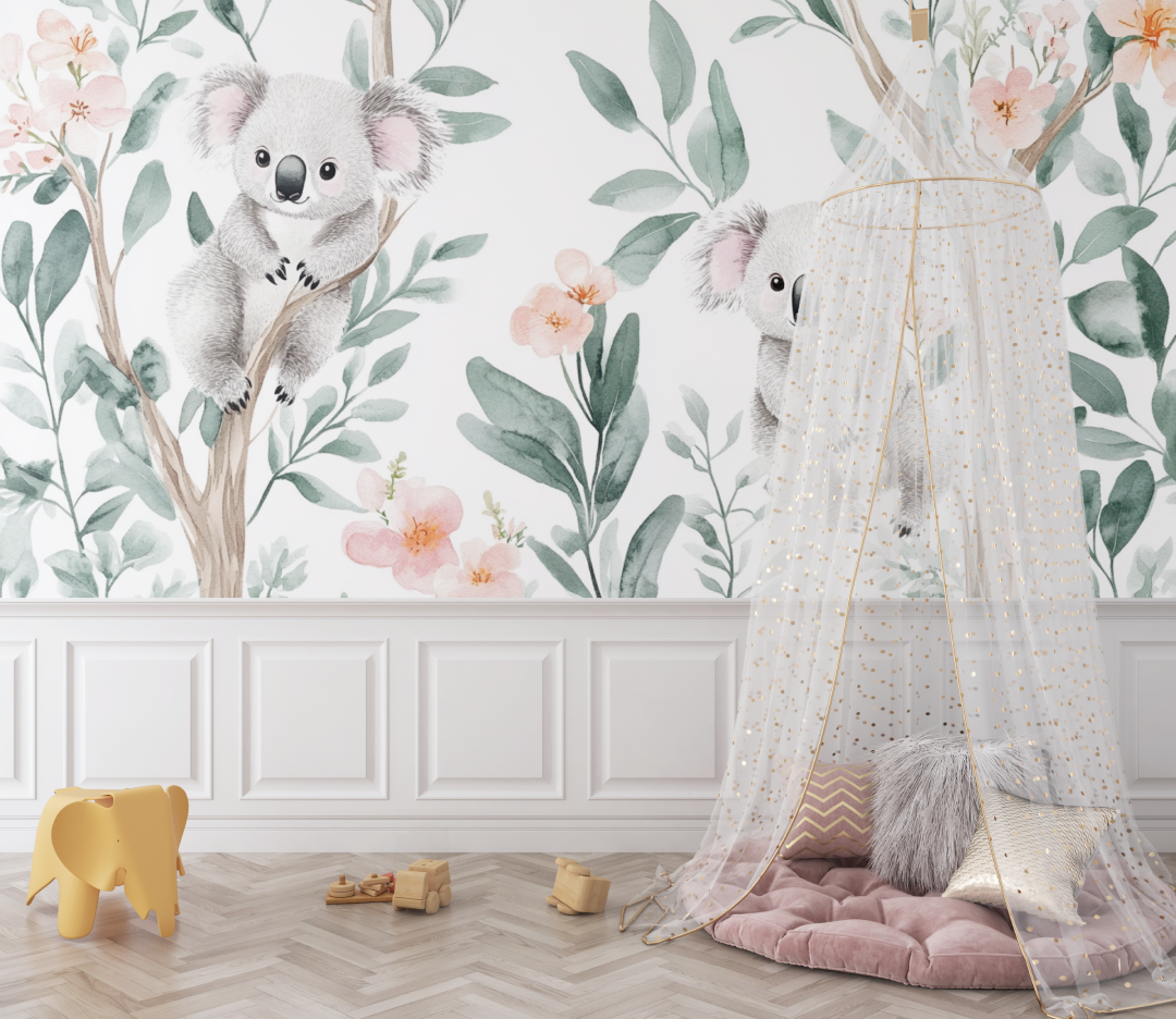 Papier peint koala dans un jardin aerien bebe