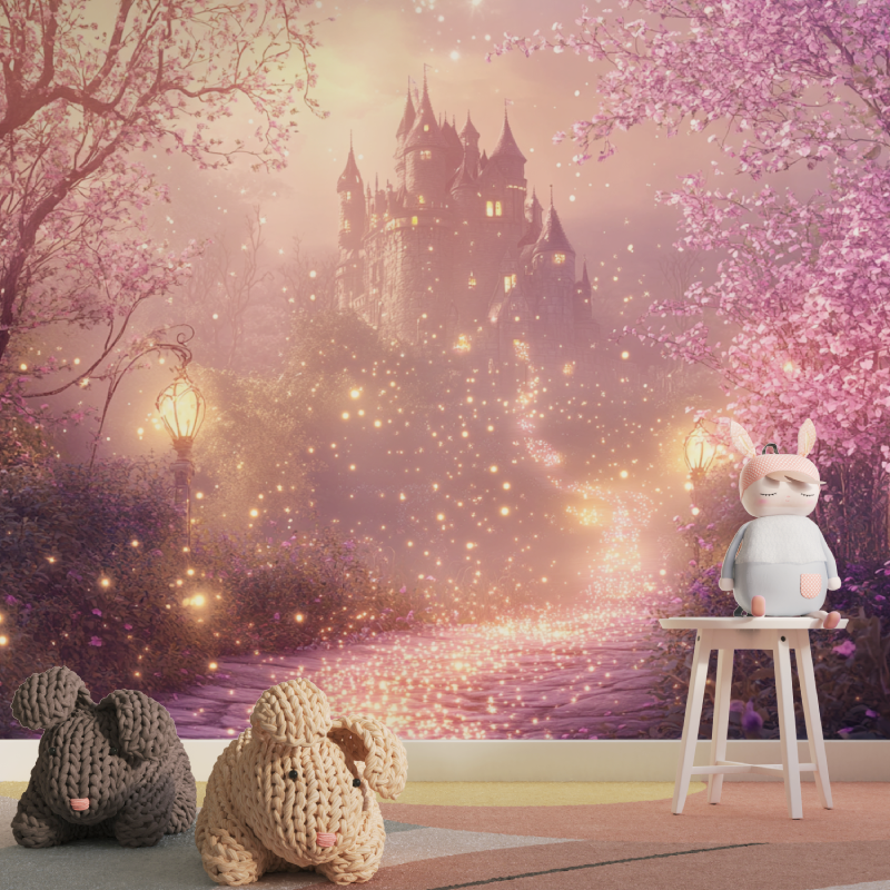 Papier peint chateau rose de nuit tapisserie pour fille