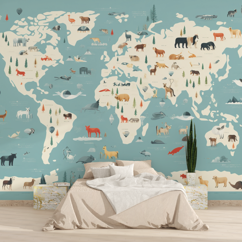 Papier peint carte du monde animaux enfant 1815