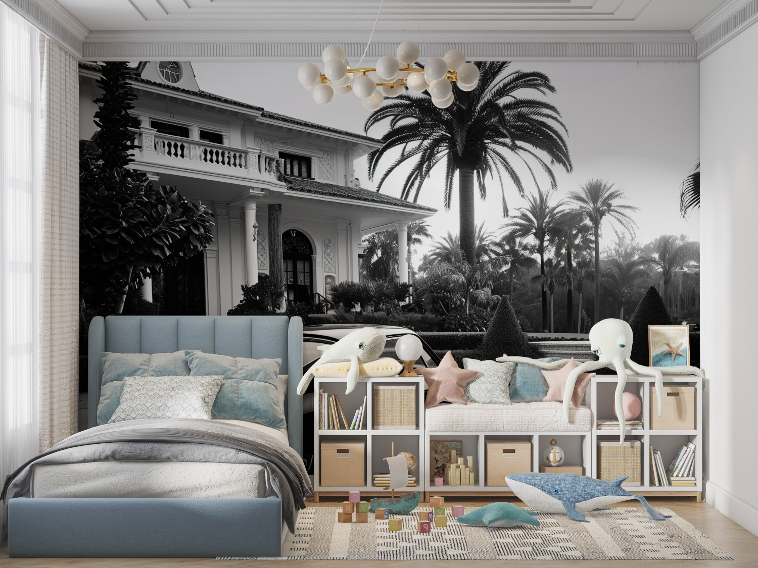 Papier peint noir et blanc voiture noire panoramique garcon