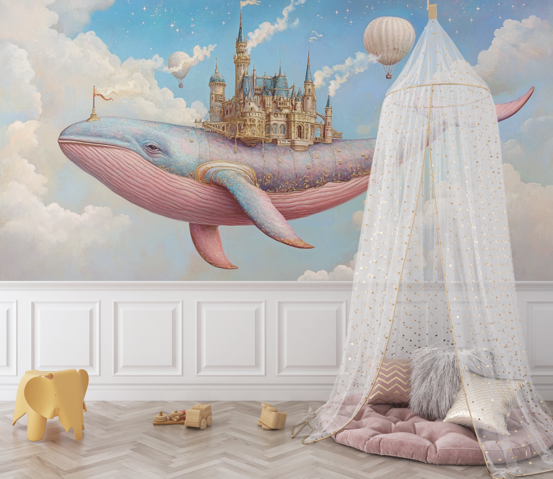 Papier peint baleine volante et chateau bebe