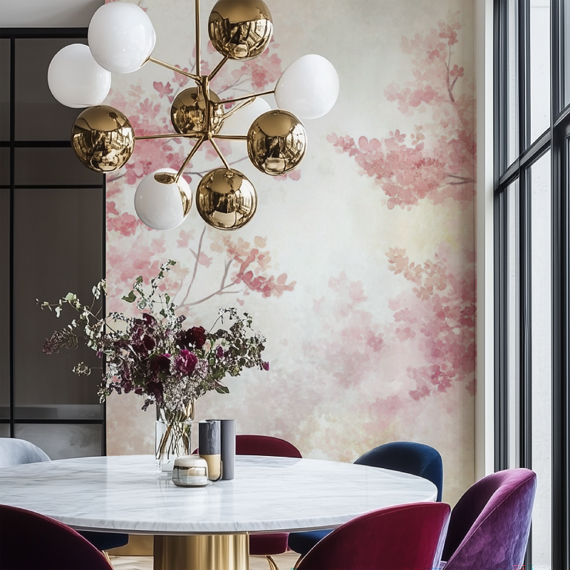 Papier peint arbre rose salon chaise