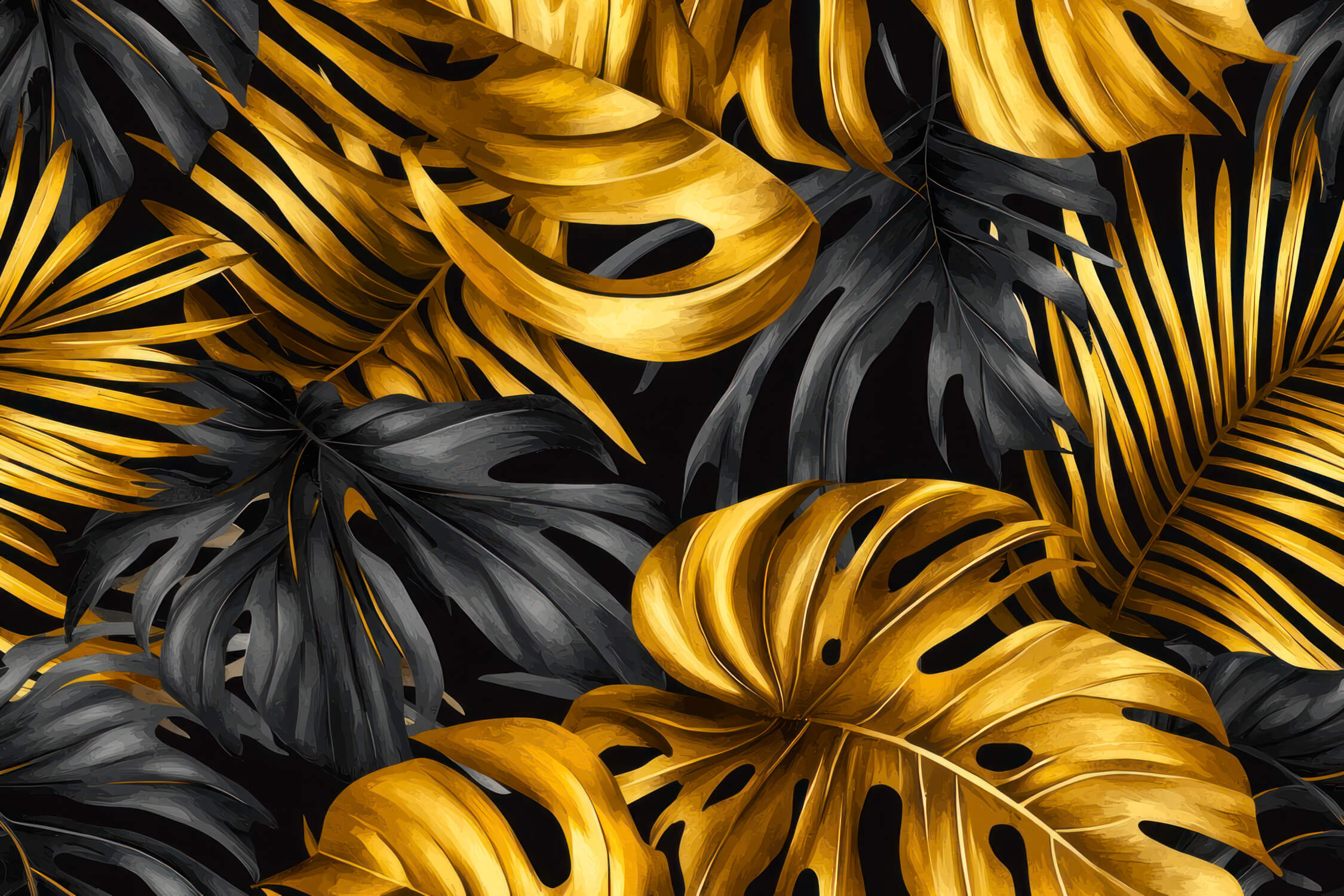 Papier Peint Noir Feuilles Doré