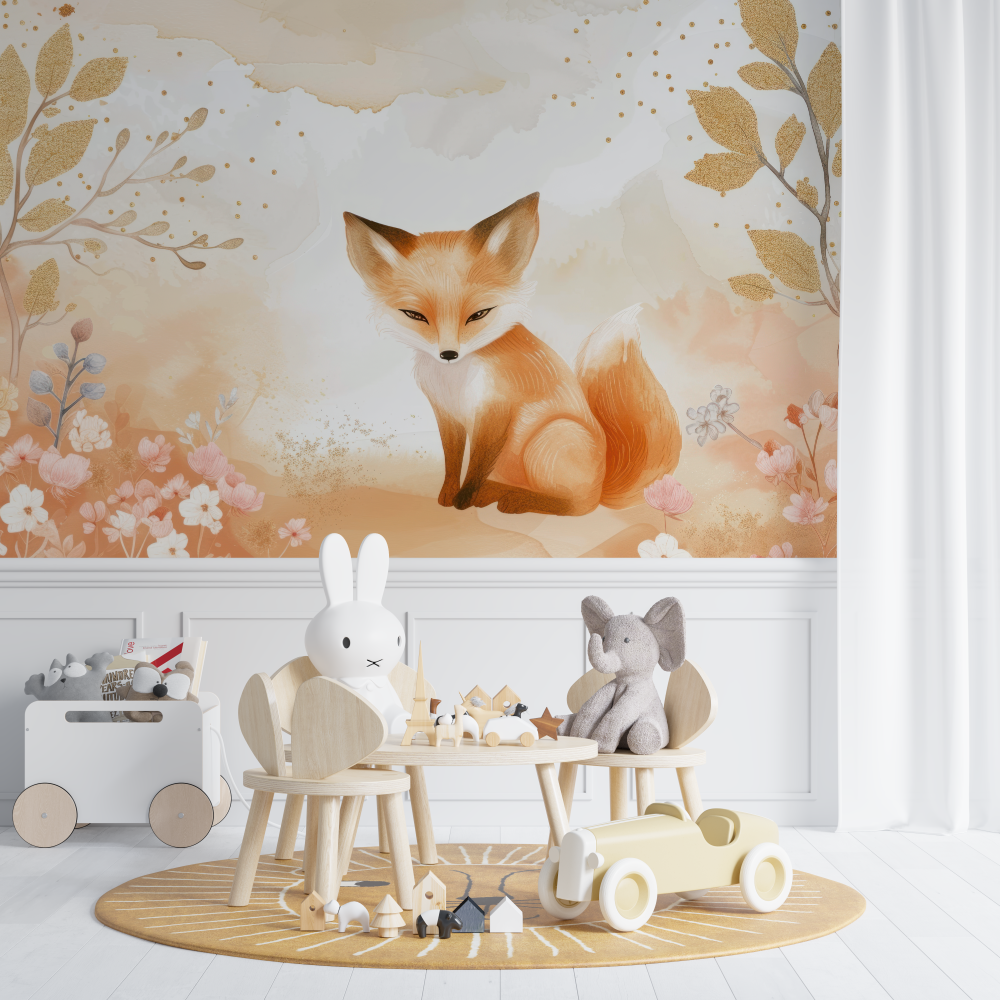 Papier peint renard floral panoramique chambre de bebe