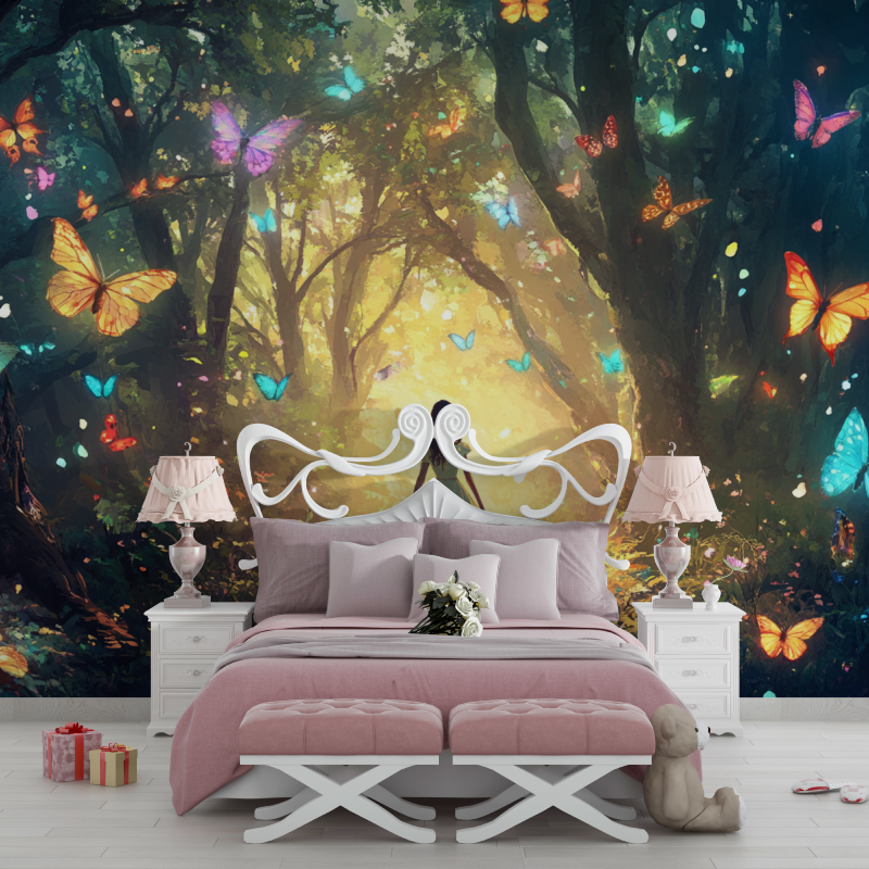 Papier peint princesse foret et papillons chambre filles