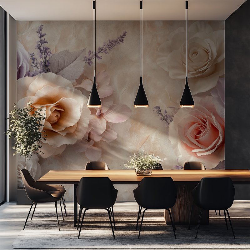 Papier peint fleur dessin salle manger tapisserie