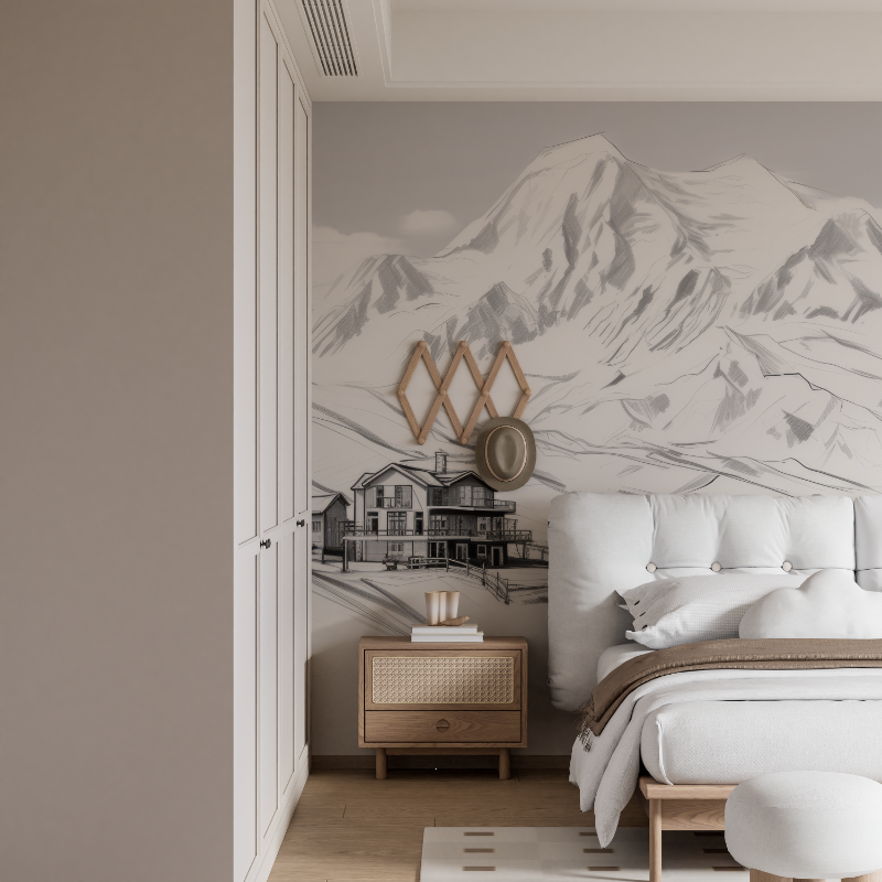 Papier peint noir et blanc chalet dessin mural