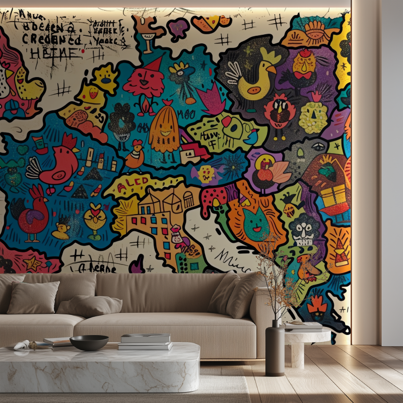 Papier peint carte du monde graffiti europe canape neon