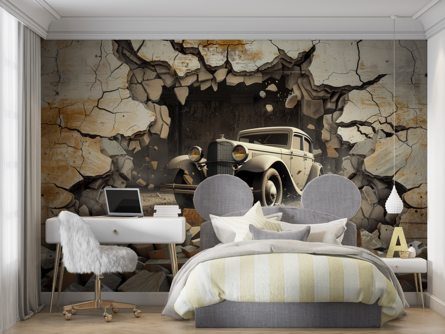 Papier peint trompe loeil voiture mur chambre panoramique