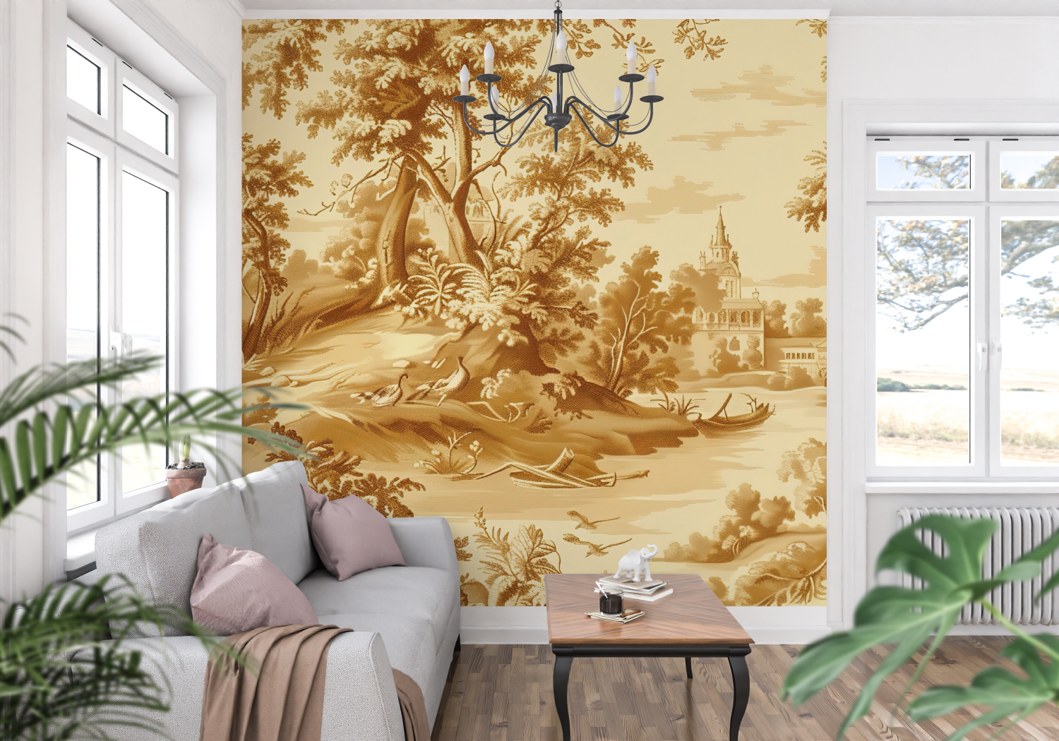 Papier Peint Toile De Jouy Paysage Jaune - panoramique tendance